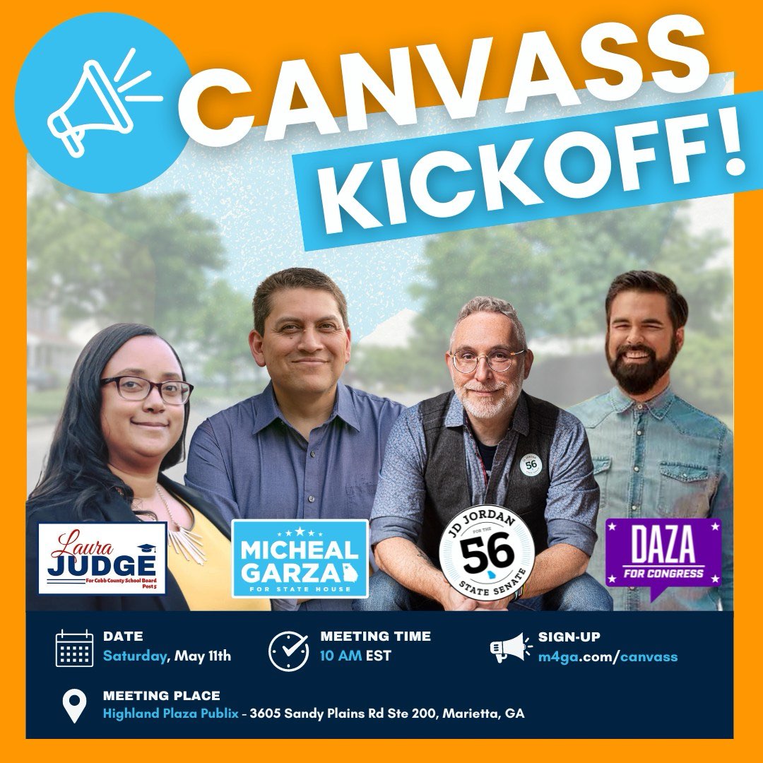 Image of Canvass Kickoff event with pictures of Laura Judge, Micheal Garza, JD Jordan, and Antonio Daza